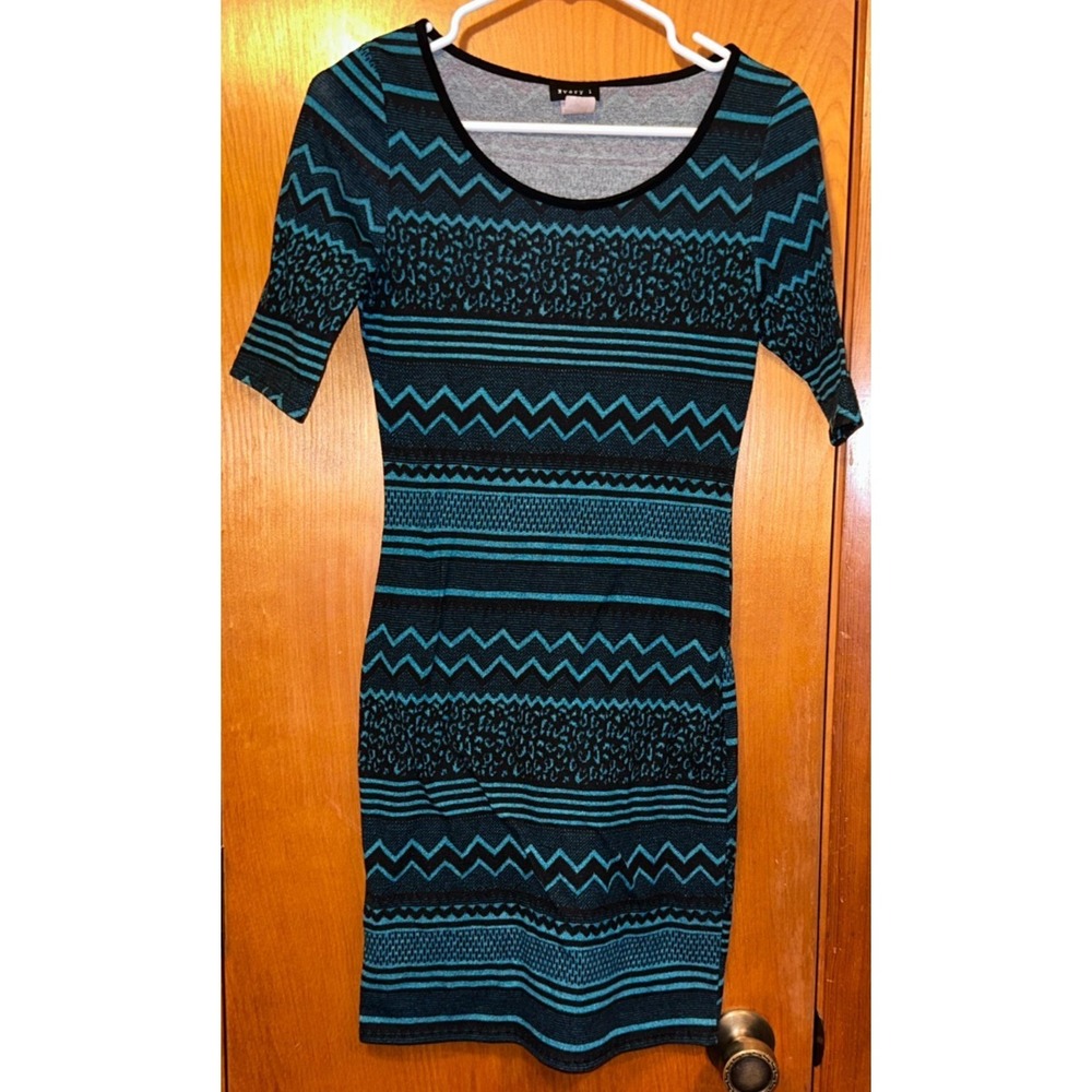 Every 1 Blue and Black Geometric Zig Zag Tribal Print Bodycon Dress‎ Medium USA